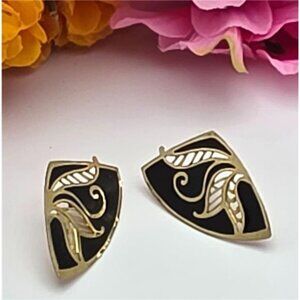 Vintage Gold Tone Black Enamel Fan Earrings Art Nouveau Style Pierced 38mm